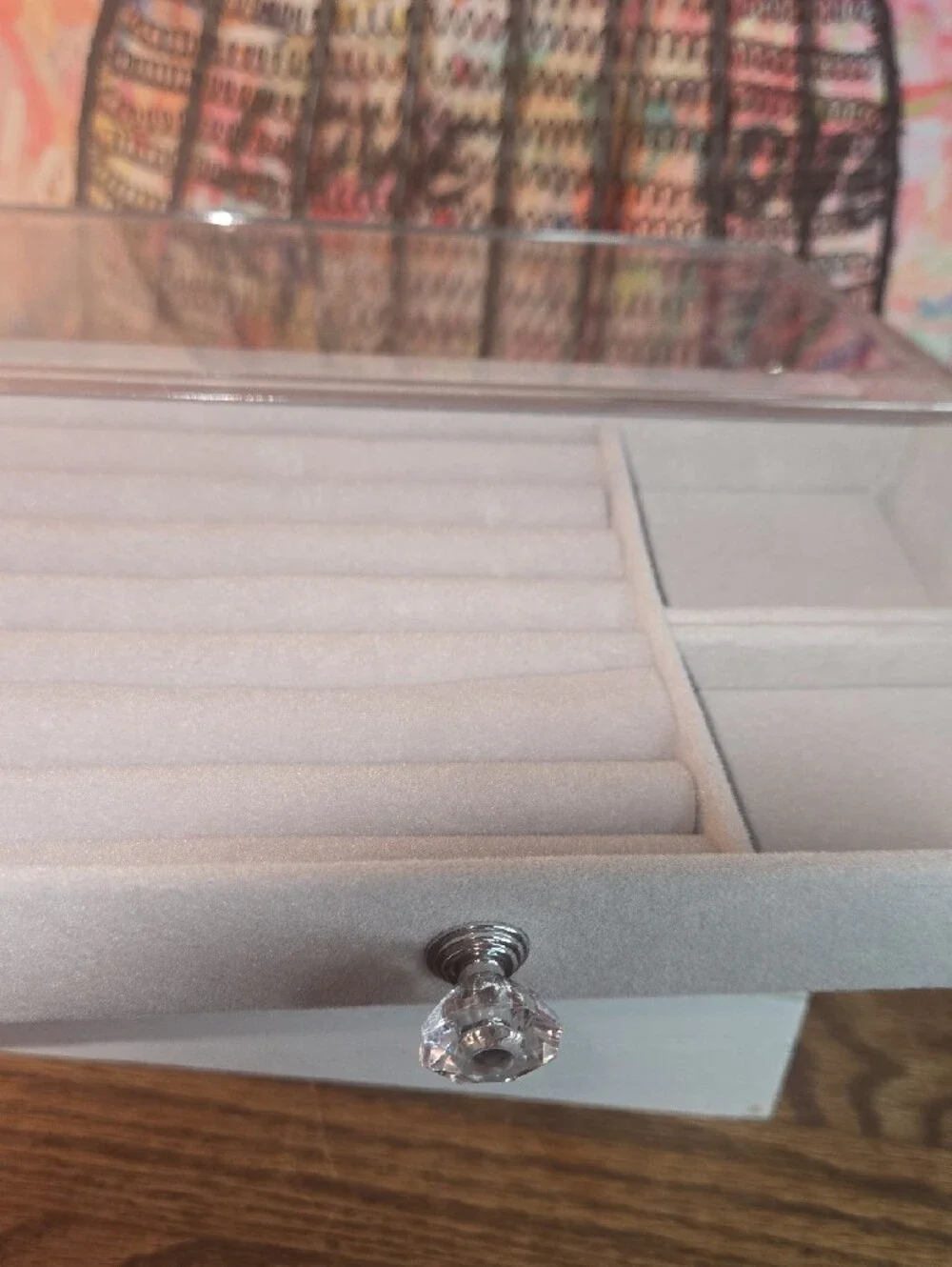 Velvet Jewelry Drawer Organizer in Light Gray with Crystal Pulls